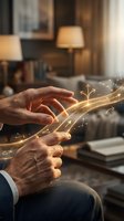 Business hands with glowing digital growth arrows and sparkles representing success, innovation and financial progress in modern office environment.