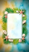 Tropical summer frame with palm leaves, seashells and starfish on colorful watercolor background for vacation designs and beach themed projects.