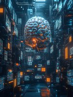 Glowing brain surrounded by futuristic cyberpunk cityscape with neon lights and digital displays, representing artificial intelligence and machine learning.