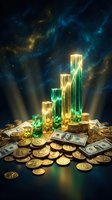 Glowing financial growth chart with golden coins and dollar bills against cosmic background representing investment success and wealth accumulation.