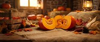 Autumn harvest scene with fresh cut pumpkin revealing orange flesh and seeds on rustic wooden table with warm lantern light creating cozy seasonal atmosphere.