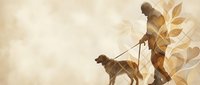 Elderly man walking with a dog and cane, warm golden silhouette on beige floral background, copy space for text.