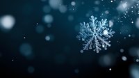 Delicate snowflake crystal with intricate patterns floating against dark blue bokeh background, winter seasonal macro photography with falling snow and soft focus.
