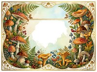 Watercolor mushroom frame with ferns, berries, and forest plants, featuring a white center space for text or design use.