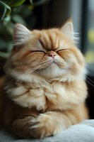 Adorable cream Persian cat with closed eyes and content expression, showing fluffy fur and relaxed posture against blurred background, suitable for pet care marketing.
