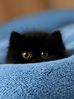 Adorable black kitten with golden eyes peeking from blue blanket. Cute fluffy pet hiding under soft textile. Cozy home comfort and playful feline behavior concept.