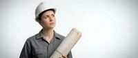 Young male construction worker wearing hard hat and work shirt holding rolled blueprints, looking upward, isolated on white background for design projects.