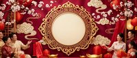 Asian family celebrating lunar new year with traditional decorations, red lanterns, cherry blossoms and ornate golden frame on festive background.