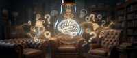 Creative lightbulb with glowing brain inside surrounded by question marks and gears in elegant office interior for innovation and brainstorming concepts.