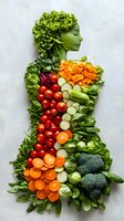 Creative food art showing female silhouette made from fresh vegetables and greens on light background. Healthy eating and wellness concept.