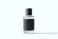 Minimalist black and clear glass perfume bottle with matte black label isolated on white background, elegant luxury fragrance packaging design for cosmetics industry.