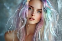 Young woman with multicolored pastel hair in pink, mint and purple shades gazing intensely with bright blue eyes against dreamy blurred background.