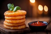 Stack of golden crispy onion rings garnished with fresh basil leaves served on wooden board with spicy dipping sauce, warm restaurant atmosphere.