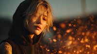 Young blonde woman with closed eyes in golden sunset light surrounded by glowing embers and sparks, creating atmospheric portrait.