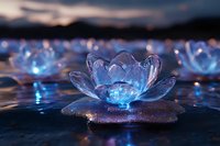 Glowing crystal lotus flower on water surface at twilight, magical blue petals reflecting light creating ethereal atmosphere, spiritual zen concept for meditation.