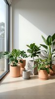 Sunlit indoor plant collection in terracotta and concrete pots on wooden floor near large window creating natural shadows on white wall for home decor.