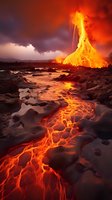 Dramatic volcanic eruption with glowing lava flow streaming down rocky terrain under stormy sky, creating intense orange light against dark landscape at dusk.