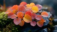 Delicate orange flowers covered in morning dew drops against dark moss background, creating magical natural macro photography composition.