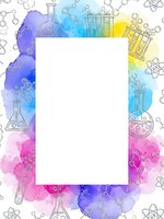 Colorful watercolor chemistry frame with laboratory equipment, test tubes, beakers and molecular structures for science education materials.