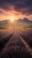 Lavender field rows leading to majestic mountain peaks at golden hour sunrise with dramatic purple and orange sky creating peaceful agricultural landscape.