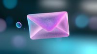 Glowing pink envelope with magical sparkles floating in turquoise space, ethereal message concept with bokeh light effects in background for communication designs.