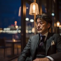 Mature Asian businessman in elegant suit sitting thoughtfully in upscale restaurant with city lights bokeh background during evening hours.