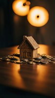Wooden house model surrounded by coins on a table in warm light, symbolizing real estate investment, savings, and property ownership.