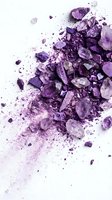 Crushed amethyst crystals and purple mineral powder scattered on white background, suitable for cosmetics, wellness, and beauty product packaging design.