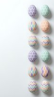Colorful decorated Easter eggs with geometric patterns arranged in rows on white background for spring holiday celebrations and festive designs.