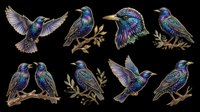 Iridescent starling birds set isolated on transparent background, ready for stickers, t-shirt design, print on demand, sublimation, and clipart use.