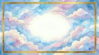 Watercolor dreamy sky with soft pastel clouds in blue, pink, and purple tones, framed by a golden border with a blank center space.