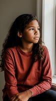 Young mixed race girl with long curly hair wearing rust colored sweater gazes thoughtfully through window in natural light, capturing contemplative mood and youth.
