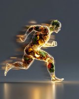 Glowing translucent runner figure filled with fresh fruits and vegetables against dark background, representing healthy lifestyle and nutrition in sports performance.