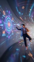 Asian businessman interacting with futuristic holographic data visualization and analytics dashboard in digital tunnel with neon lights and motion blur effects.