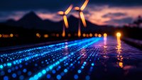 Glowing blue light trails on wet road surface with wind turbines silhouetted against dramatic sunset sky, creating futuristic renewable energy landscape.