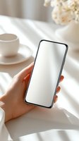 Female hand holding smartphone with blank white screen mockup on elegant white table with coffee cup and flowers in soft natural light for app presentation.