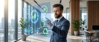 Professional businessman analyzing sustainable technology data with holographic environmental interface in modern corporate office setting.
