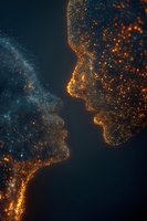Two human profiles facing each other made of glowing golden and blue particles on dark background for technology and connection concepts.