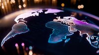 Digital world map with glowing neon outlines and bokeh lights background for global technology and connectivity concepts in business presentations.