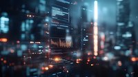 Futuristic digital interface with glowing data screens and financial charts floating in dark urban environment with bokeh lights and neon accents.