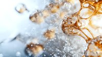 Macro photography of golden liquid splash with water drops and bubbles creating abstract dynamic pattern against light background. Artistic motion capture.