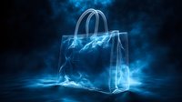 Glowing blue shopping bag silhouette with ethereal smoke effect against dark background creates mysterious retail atmosphere for marketing and commerce designs.