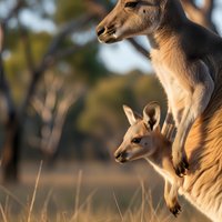 Kangaroo mother with joey in pouch during golden hour sunset light in natural Australian bush habitat for wildlife photography and nature content.