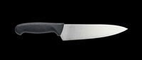 Chef knife with black handle isolated on transparent background, ready for kitchen, culinary, restaurant, sticker, print on demand, and t-shirt design use.