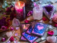 Mystical tarot cards with rose quartz crystals, amethyst geode, pink candle and rose petals creating magical spiritual atmosphere for divination and meditation.