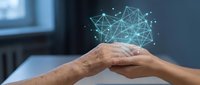 Hands holding glowing digital network mesh above palm, representing data connection, technology innovation, and cloud computing solutions for business applications.