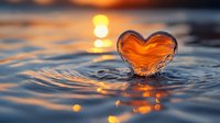 Heart-shaped water splash on rippling blue surface with golden sunset reflections creating romantic atmosphere for love concepts.