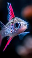 Macro shot of tropical fish with vibrant pink and blue fins against dark background, showcasing iridescent scales and detailed eye.