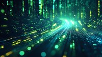 Futuristic digital network with glowing green and blue light streams flowing through dark space, representing data transmission and connectivity.