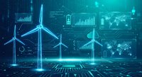 Futuristic wind turbines with holographic data analytics dashboard displaying renewable energy statistics and global monitoring interface on digital grid.